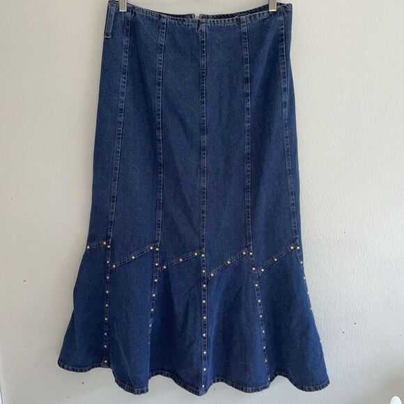 Y2K 90s Maxi Skirt Blue Jean Denim Mermaid Fit Flare Studs Western Country Lrg - Picture 1 of 9